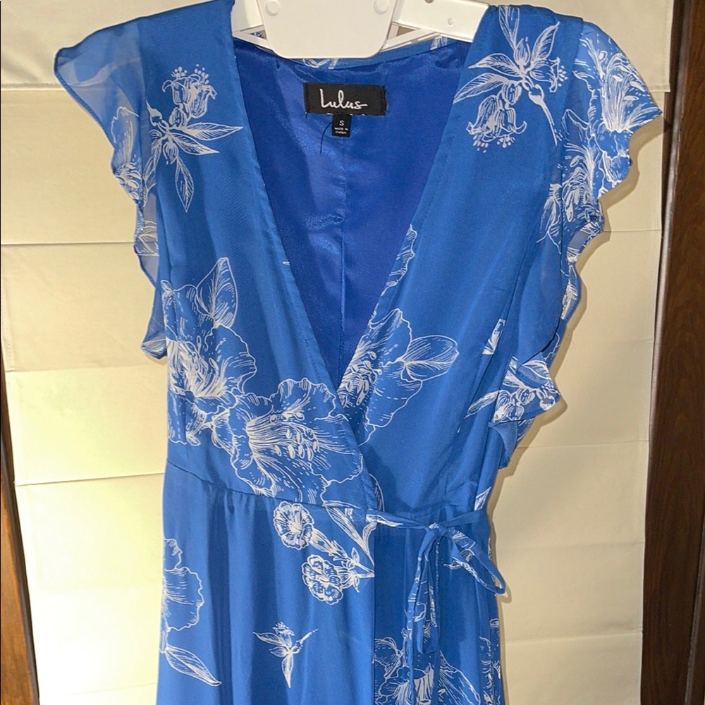 Lulus Blue Floral Wrap Maxi Dress